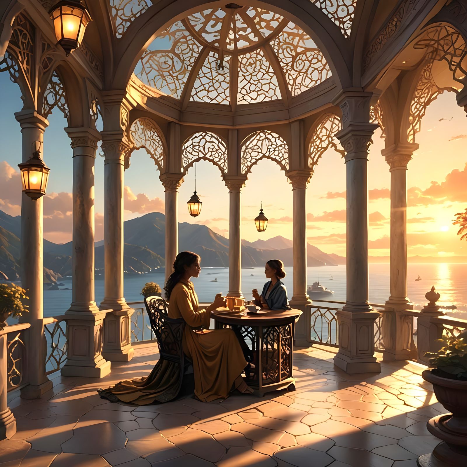 Sunset Coffee by the Ocean: Matte Painting