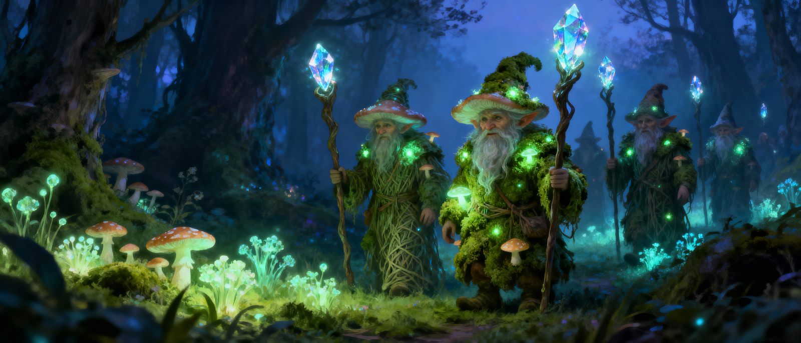 Bioluminescent Gnomes Guarding Enchanted Forest at Twilight