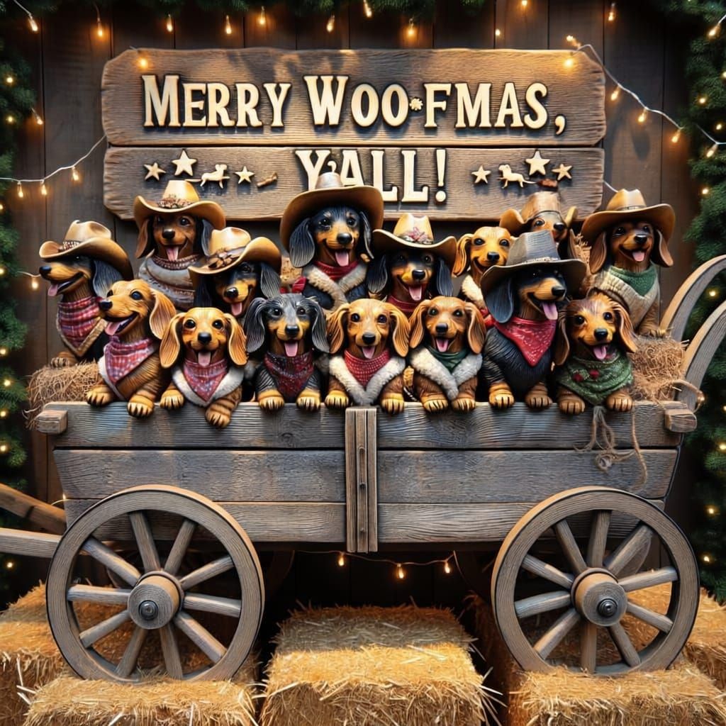 Dachshunds in Cowboy Hats Fill Festive Wagon