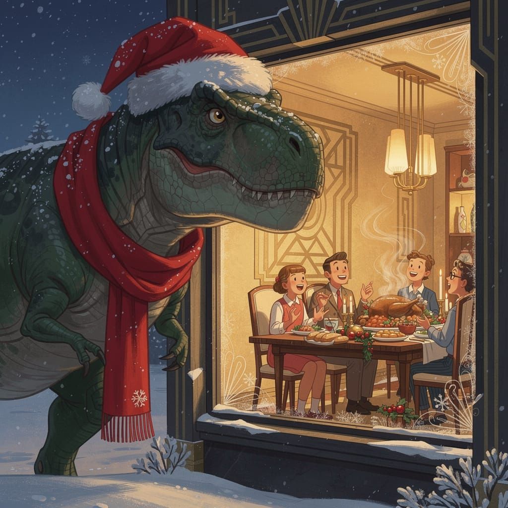 T-Rex in Santa Hat Peeks into Art Deco Home