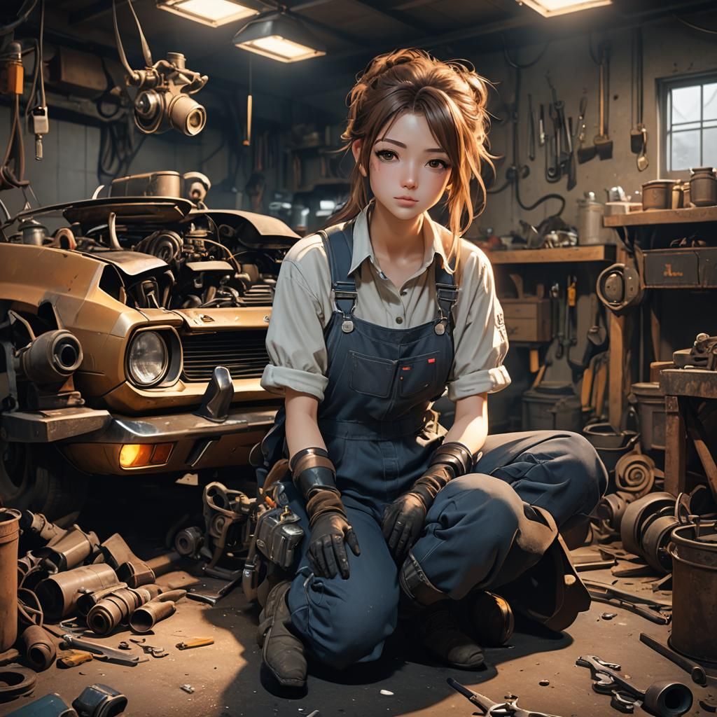 Anime Girl Repairs Classic Mustang in Garage