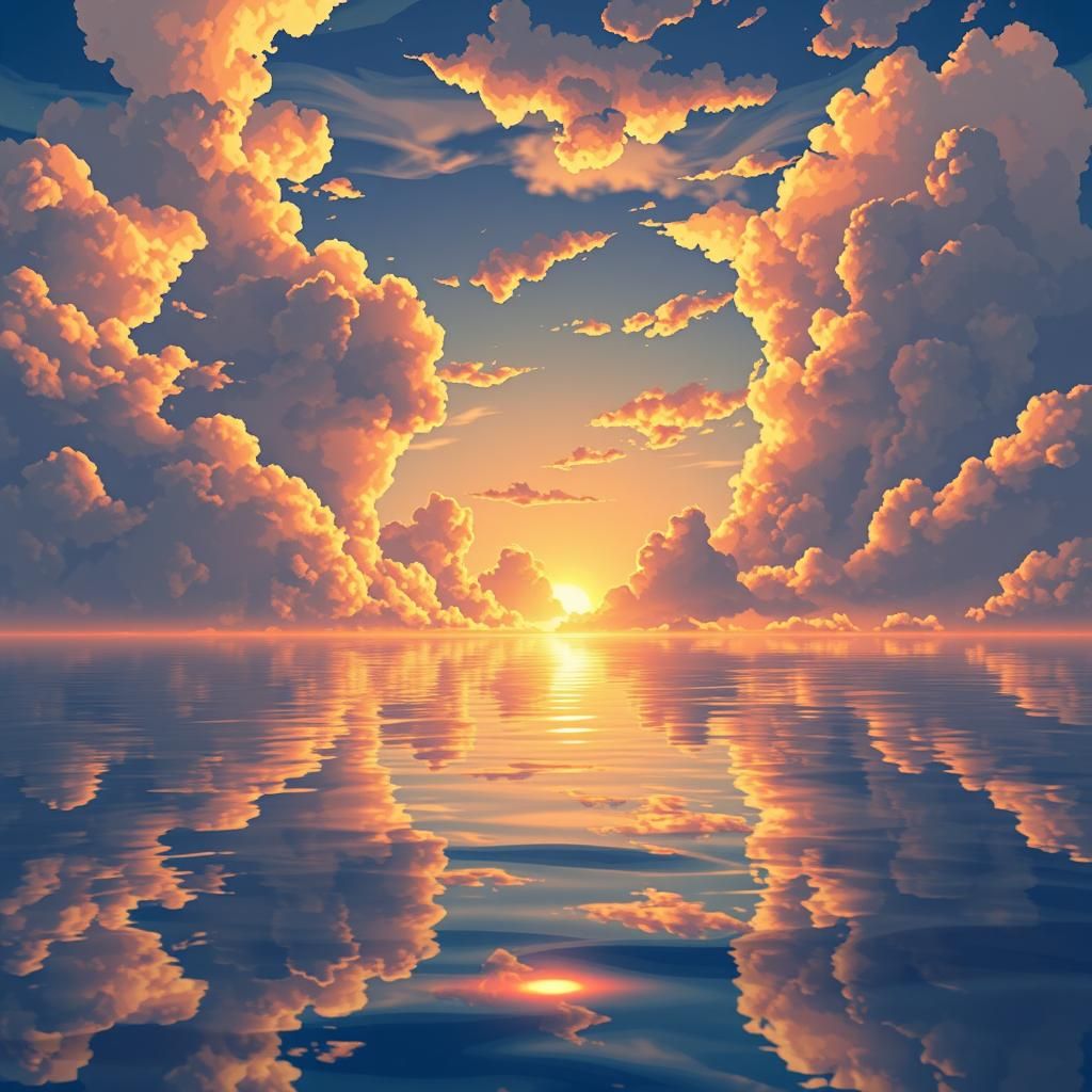 Golden Hour Ocean Reflects Anime-Style Cloudscape
