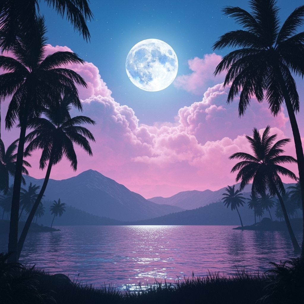 Serene Tropical Lake Under Luminous Moon