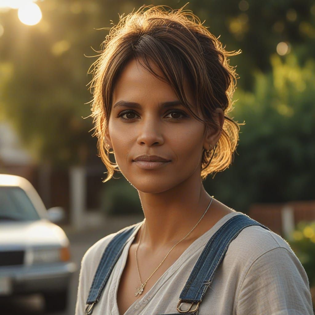 Halle Berry Portrait in Overalls, Photorealistic 4K
