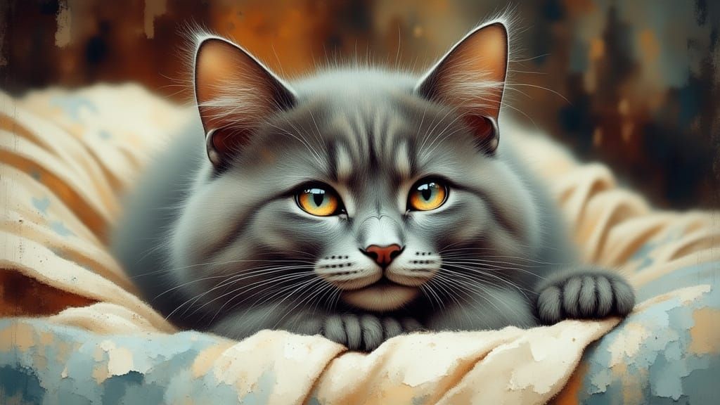 Grey Cat's Serene Curiosity as Digital Painting