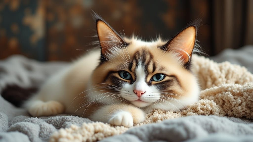 Curious Cat with Blue Eyes in Antique Watercolor Style