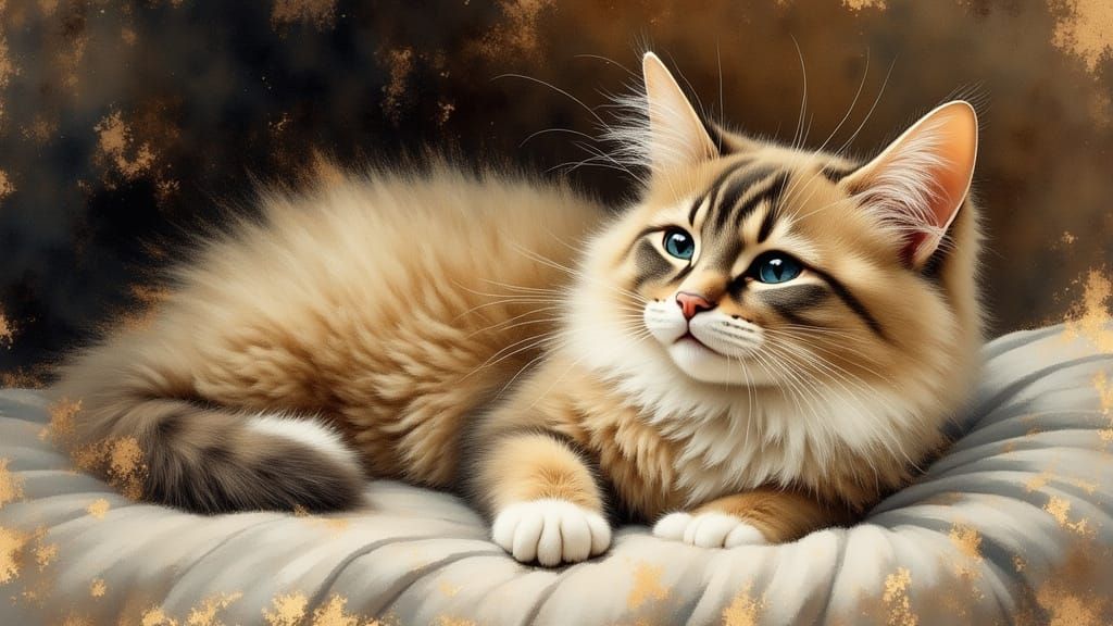 Fluffy Cat Portrait in Antique Watercolor Style