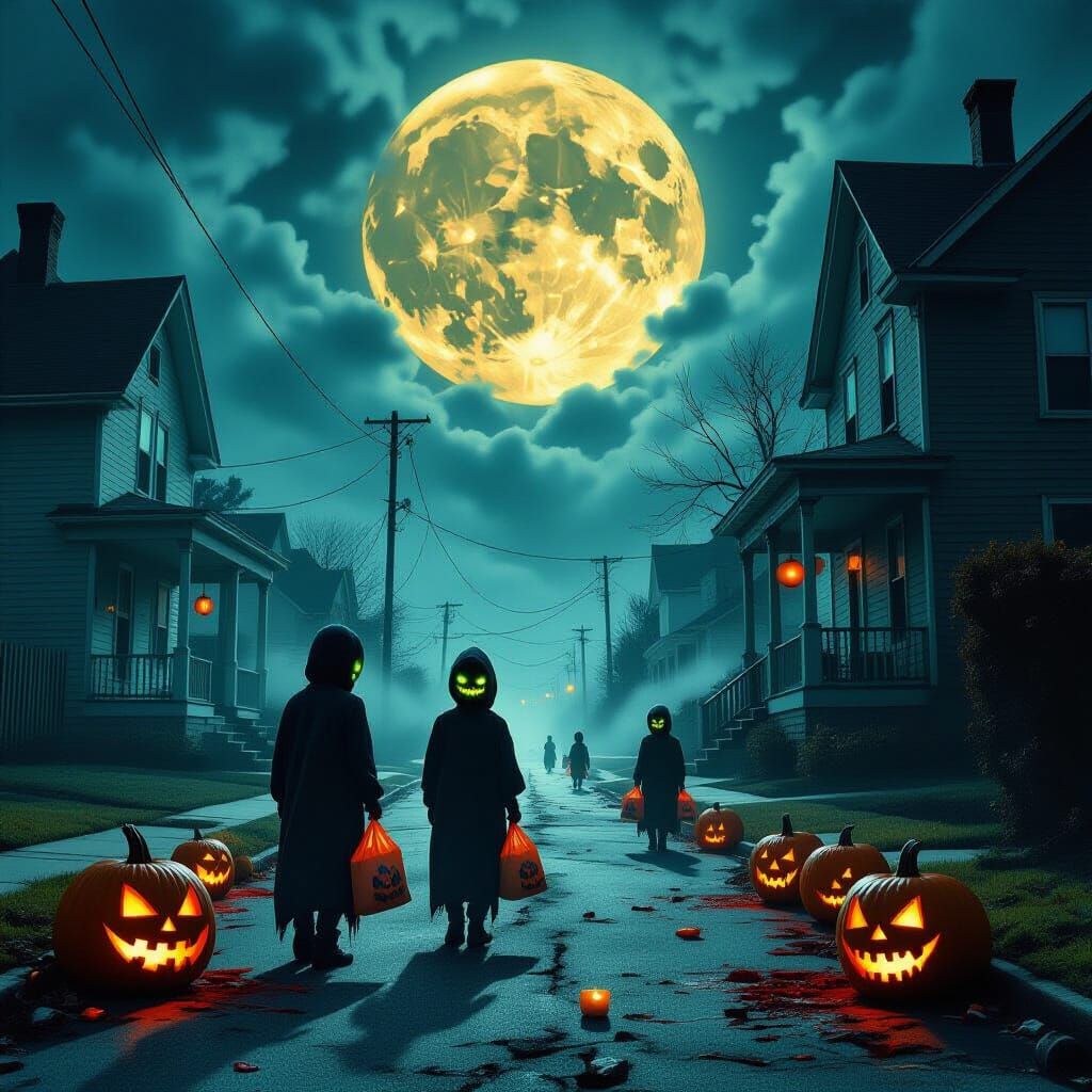 Creepy Halloween Night with Cracked Moon and Toxic Pumpkins