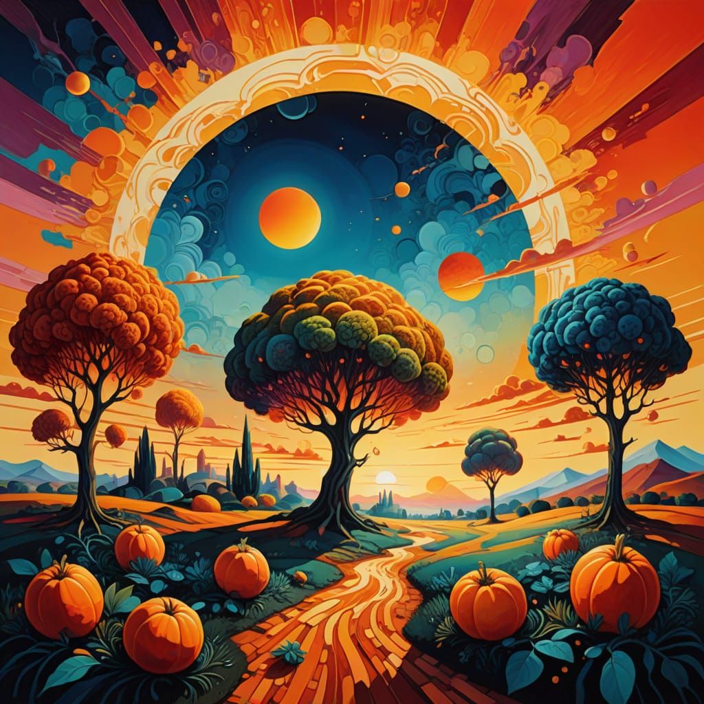 Vibrant Surrealist Landscape with Fantastical Fruits and Geo...