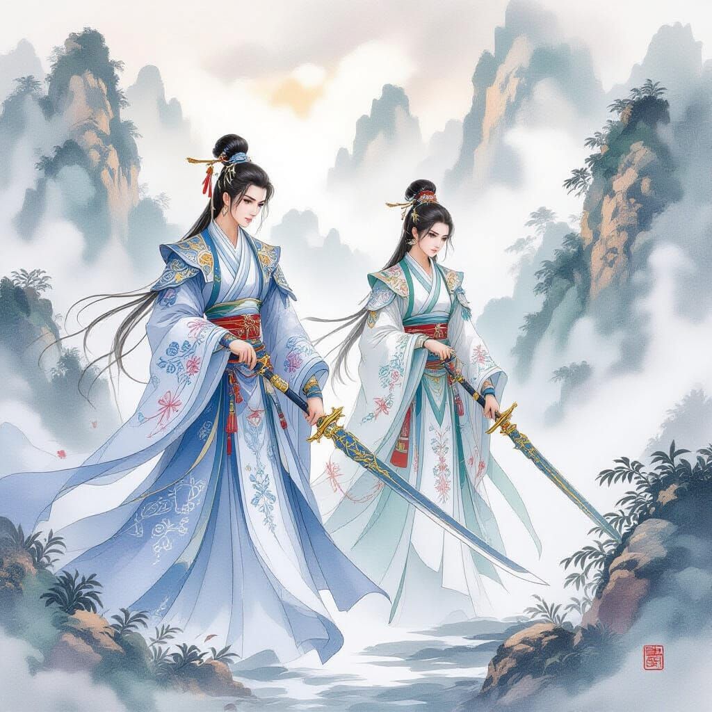 Mystical Danmei Warriors in Dreamy Watercolor Landscape