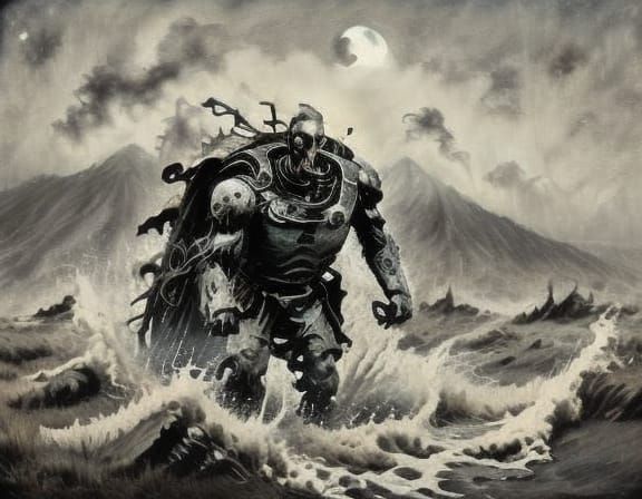 Knight on Mountain Peak in Foggy Valley Digital Painting