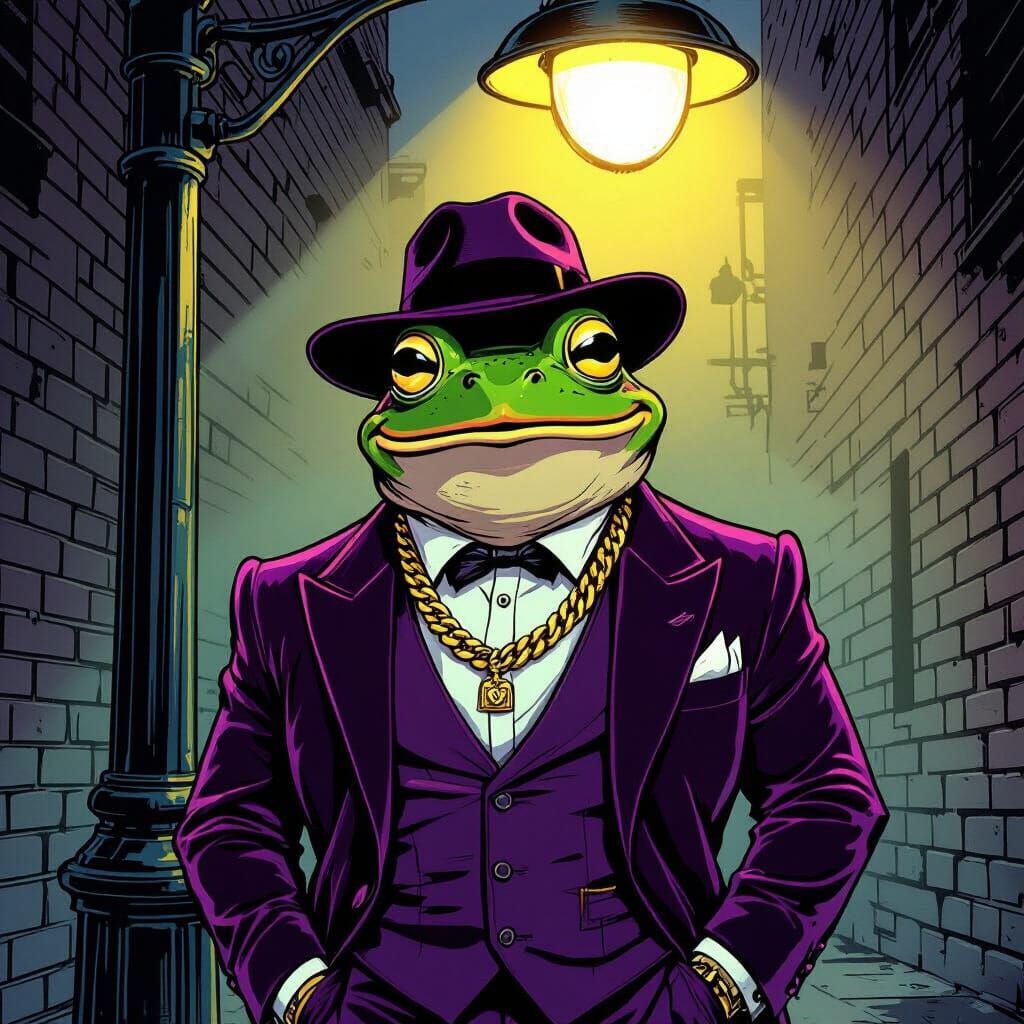 Dapper Bullfrog in Purple Suit Under Neon Light