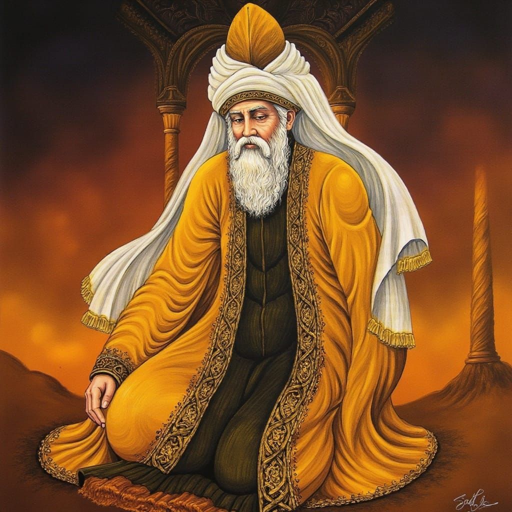 Mystical Figure in Golden Robes Finds Inner Peace in the Des...