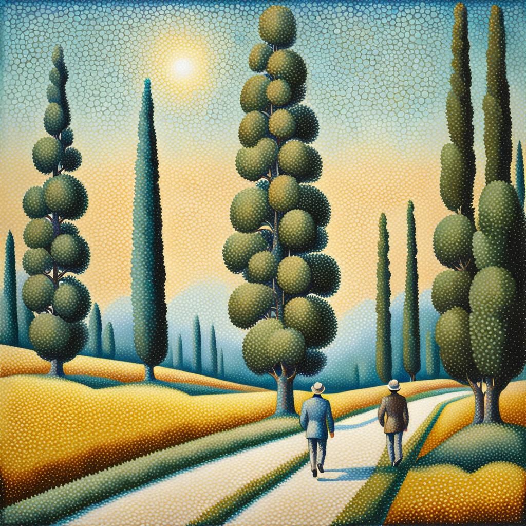 Man Walks Under Pointillist Sky in Seurat Style