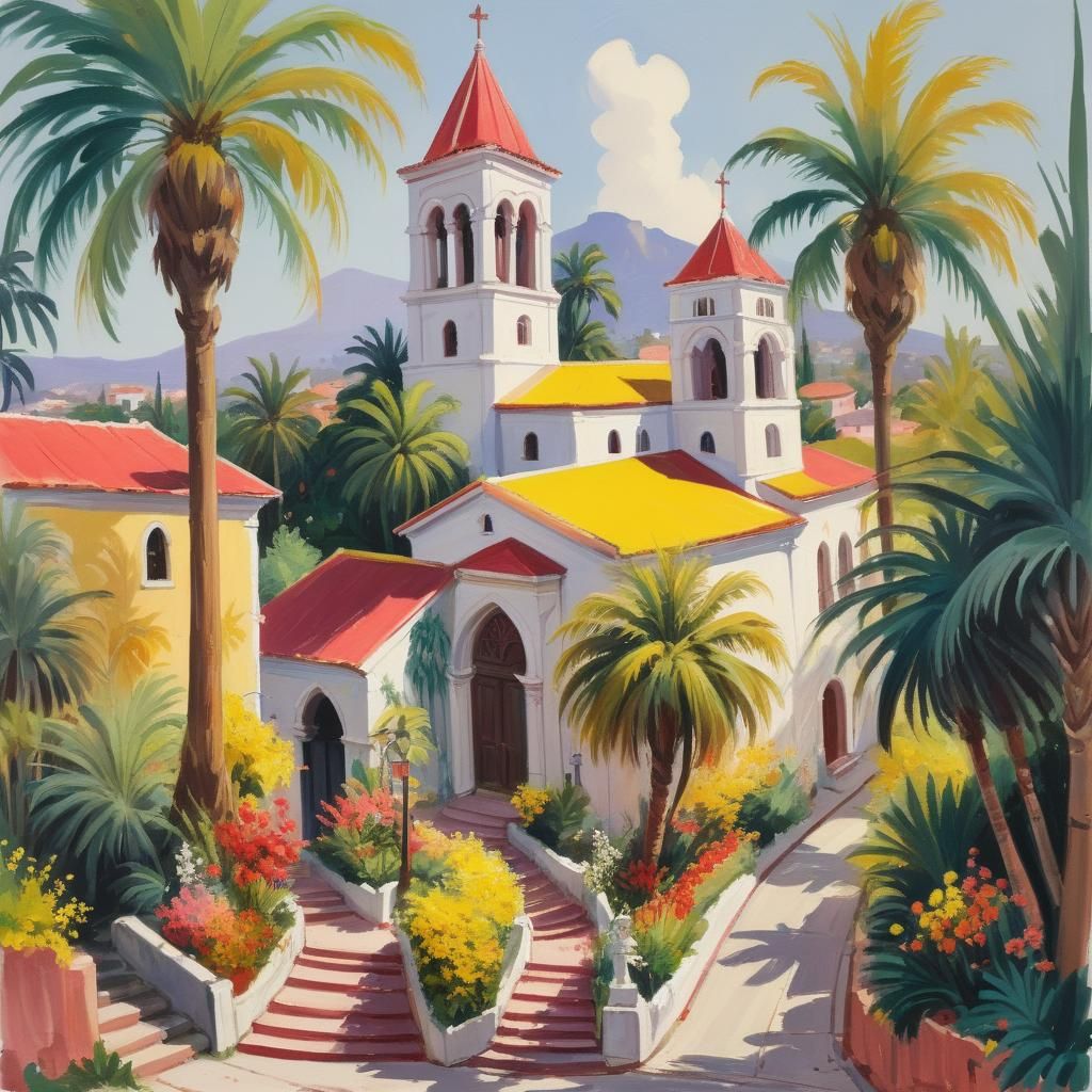 Colorful Church on Winding Street, Gouache Painting