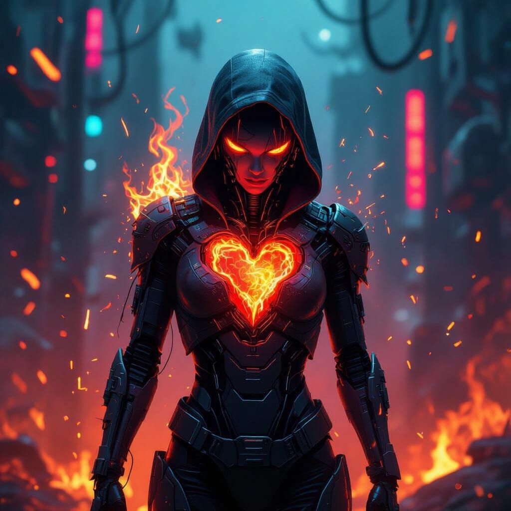 Biopunk Figure Surrounded by Neon Flames and Sparks