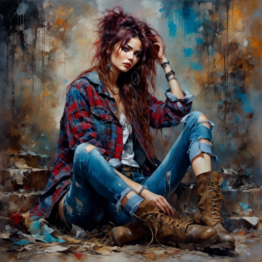 Grunge Rocker Girl Portrait in Oil Painting Style
