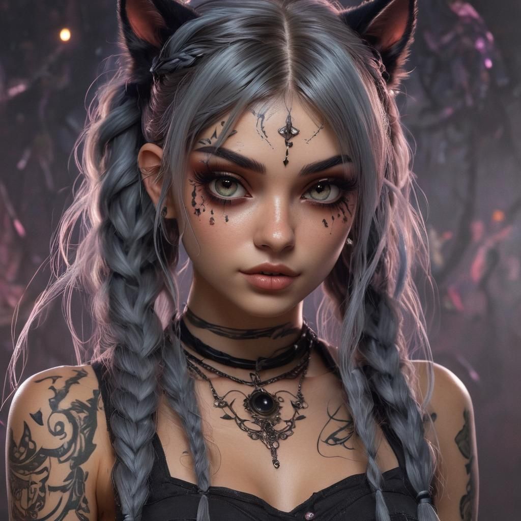 Punk Pixie Girl with Wolf Guardian