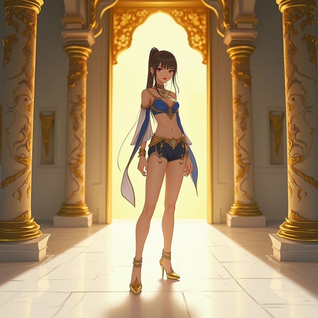 Elegant Young Priestess in Golden Temple Regalia