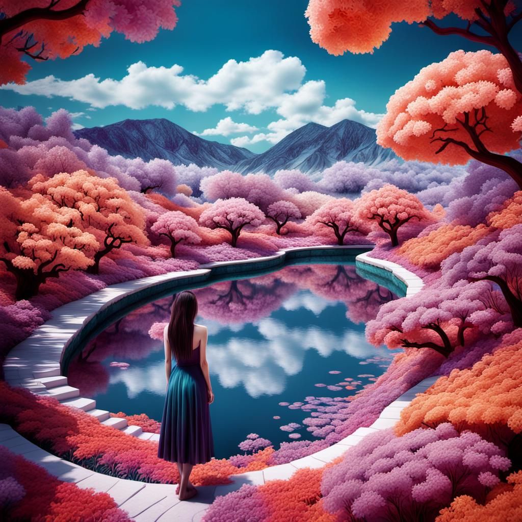 Infrared Girl in Surreal Paper Quilling Landscape