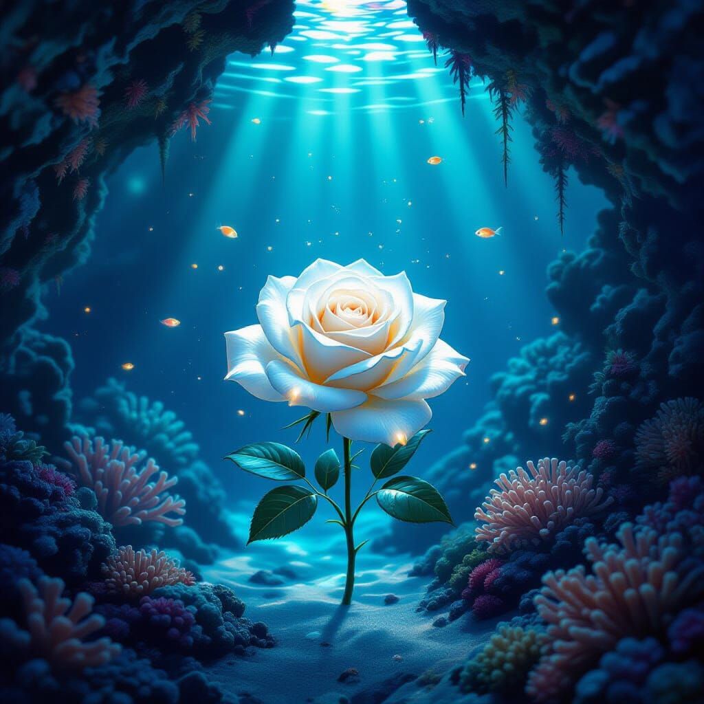 Bioluminescent Rose in Oceanic Grotto