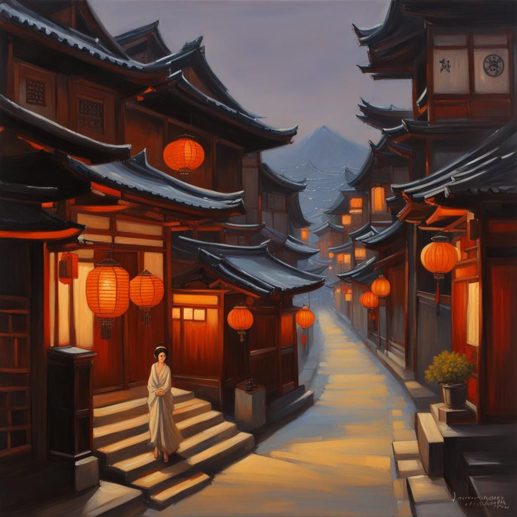 Retro Geisha District Oil Painting