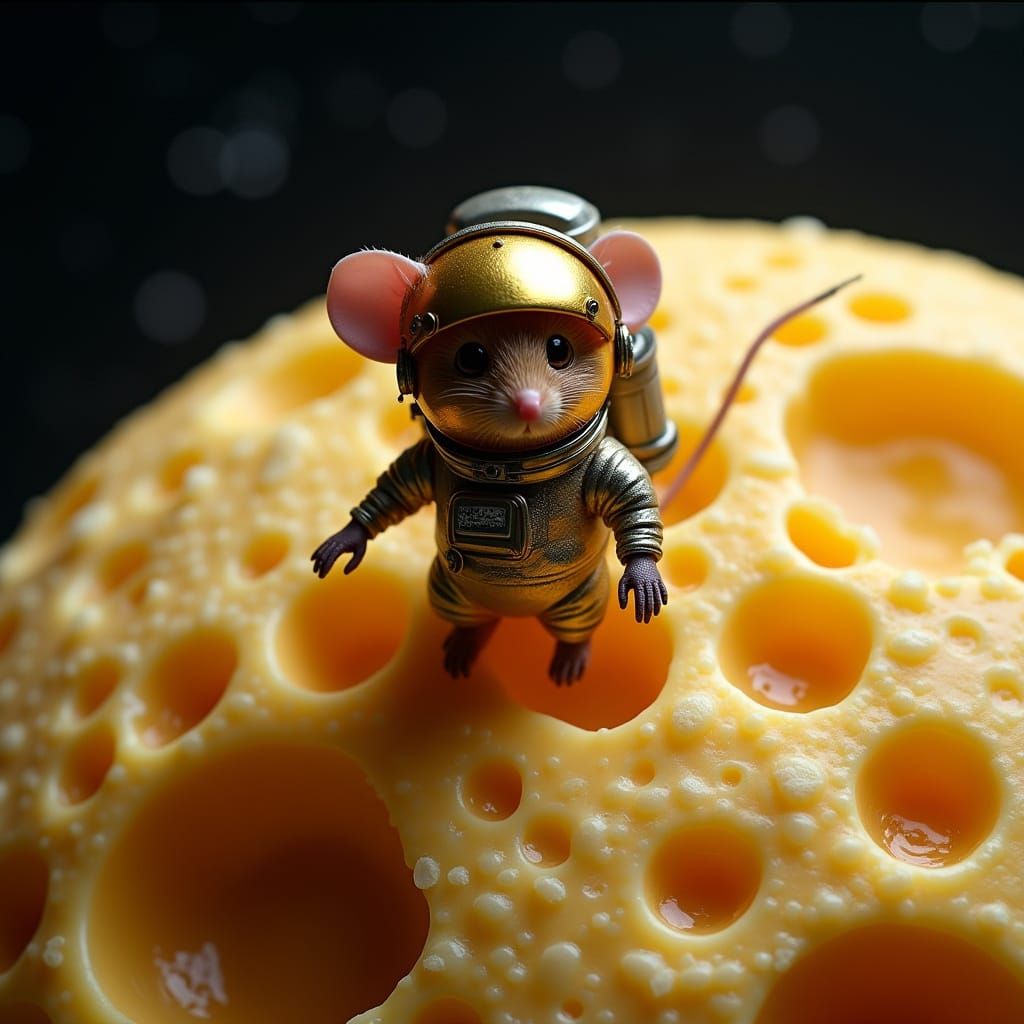 Mouse Astronaut in Whimsical Cheese Moon Orbit