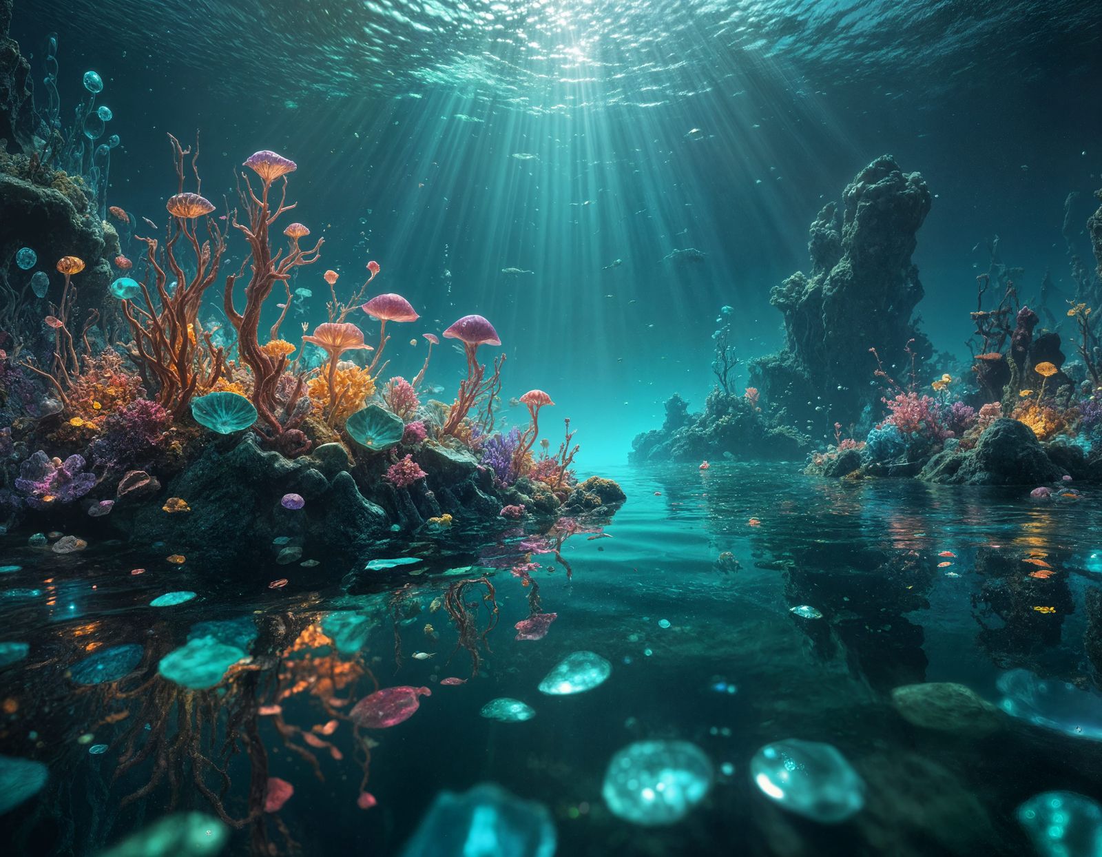 Majestic Underwater Realm of Vibrant Gems and Bioluminescent...
