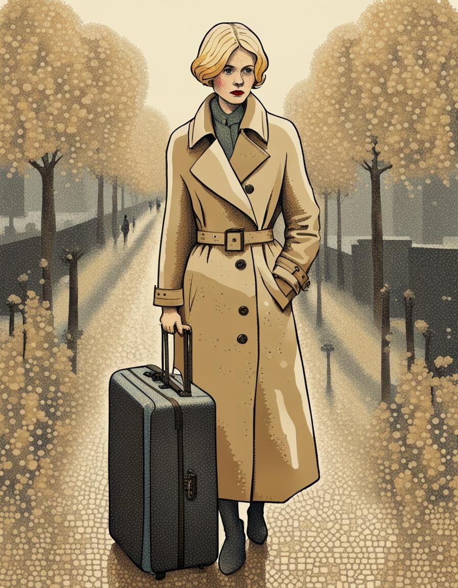 Melancholic Blonde in Pointillist Style with Suitcase