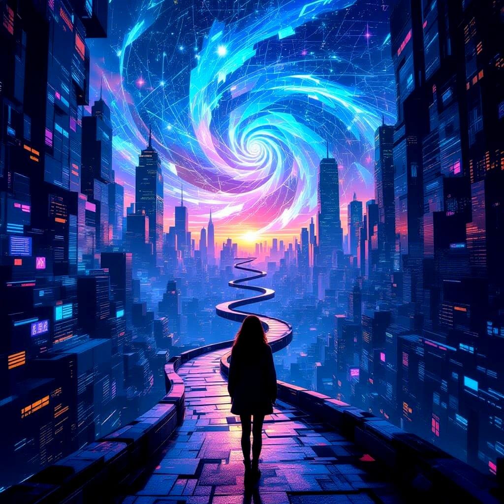 Anime Woman in Urban Labyrinth Digital Dream