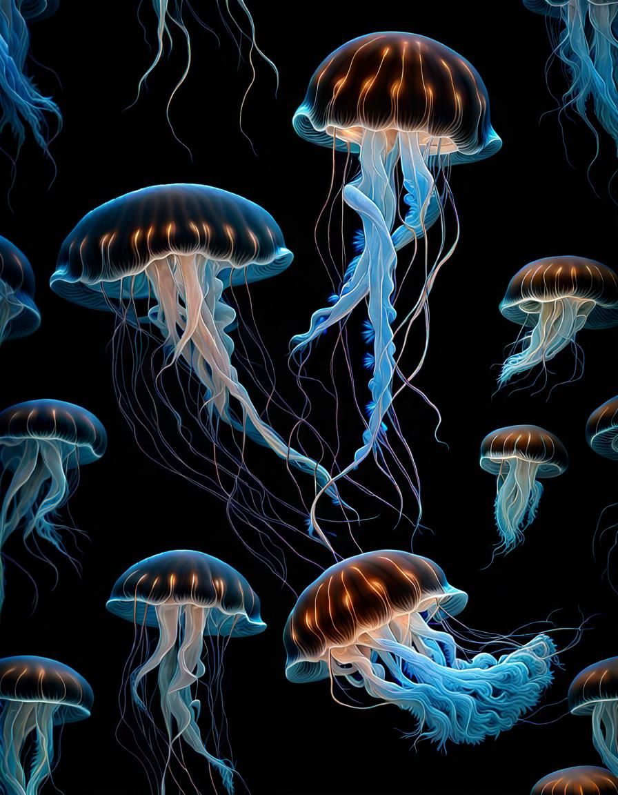 Bioluminescent Jellyfish Gracefully Swimming in the Dark