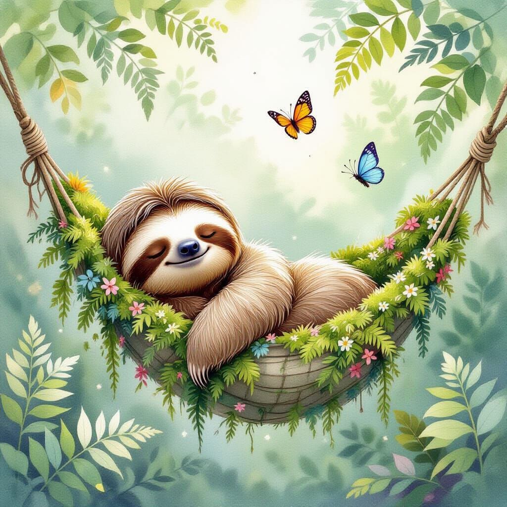 Sloth Sleeping in Fern Hammock with Butterflies