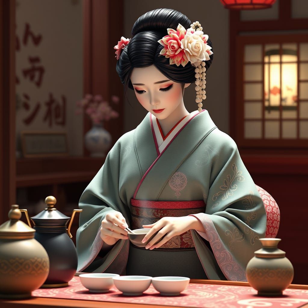 Traditional Japanese Geisha Prepares Tea in Exquisite 3D Ani...