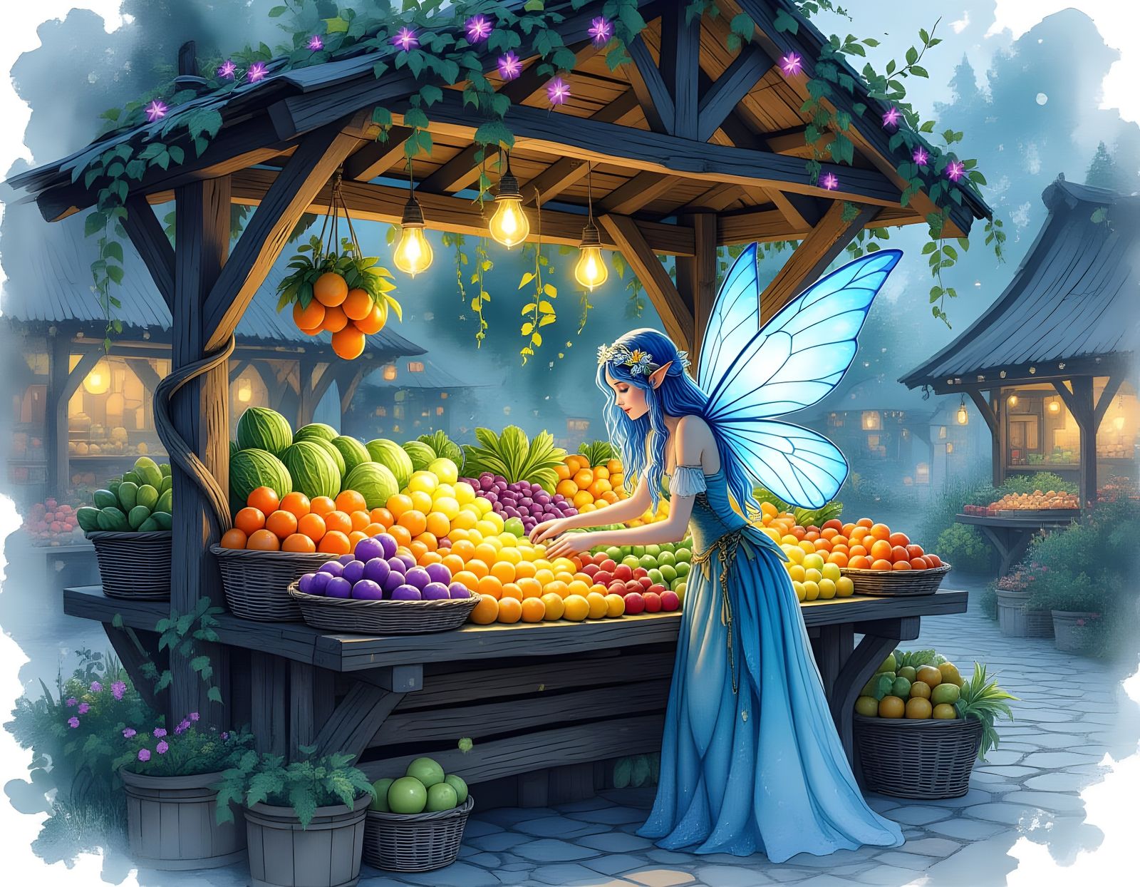 Faerie Market at Twilight: Watercolor and Ink