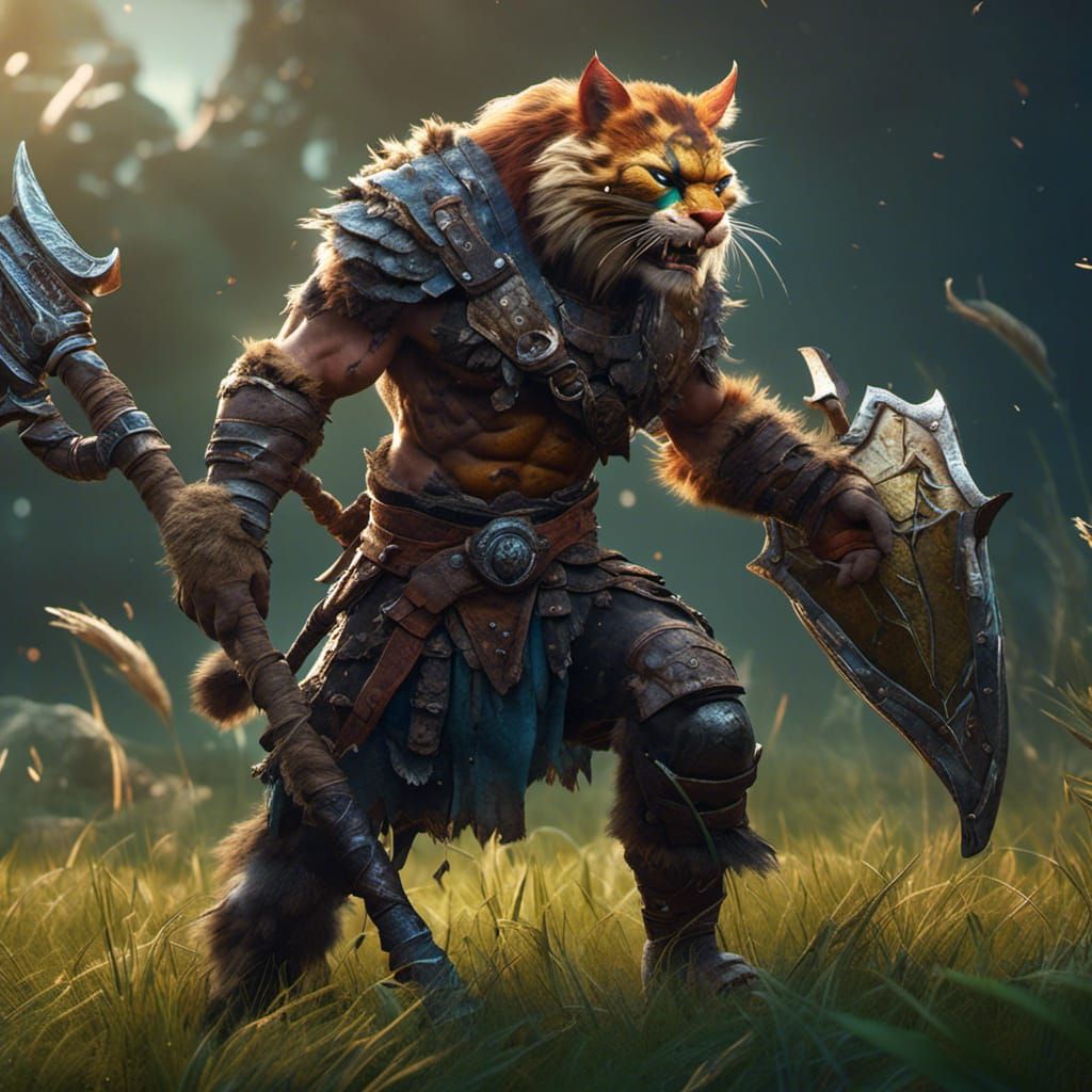 Werecat Barbarian with Axe in Hyperreal Style