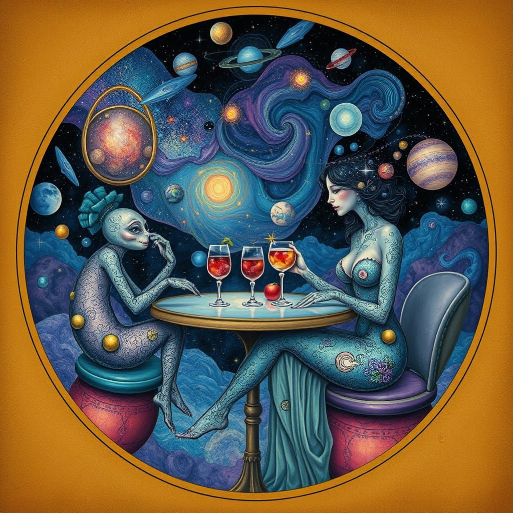 Cosmic Cafe Scene with Celestial Woman, Surreal Style