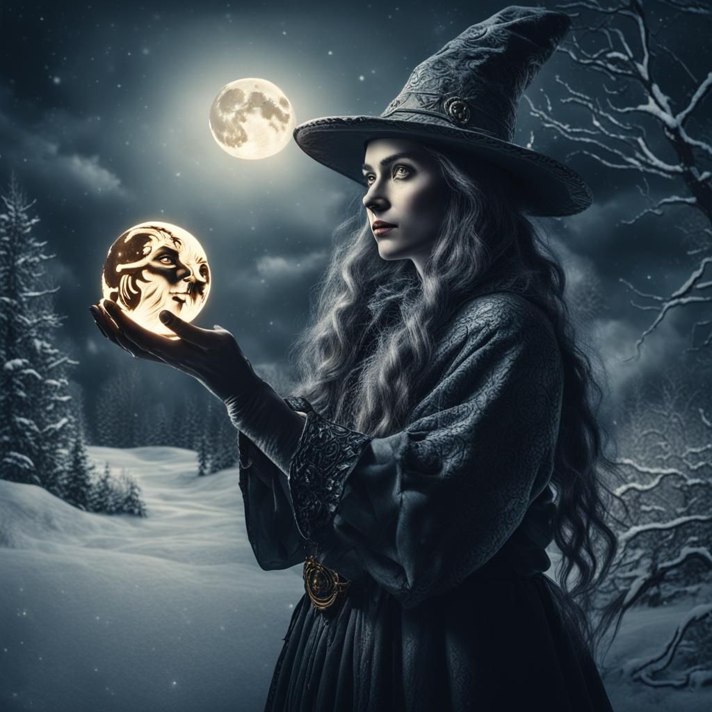 Winter Witch Holding the Moon in HDR