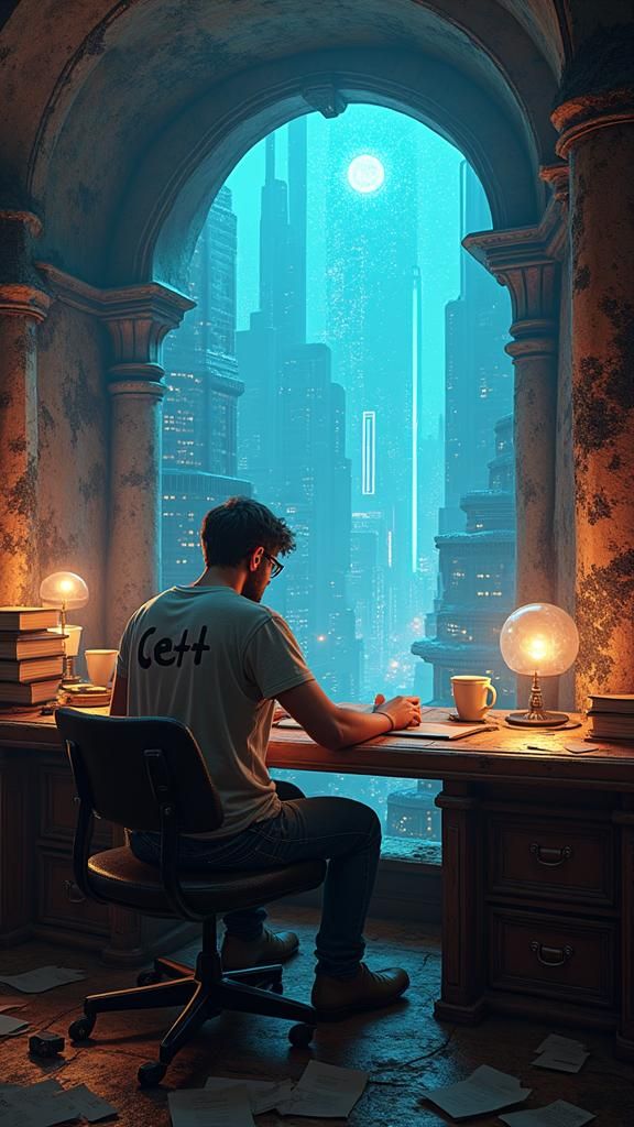 Cyberpunk Coder in Mystical Chamber