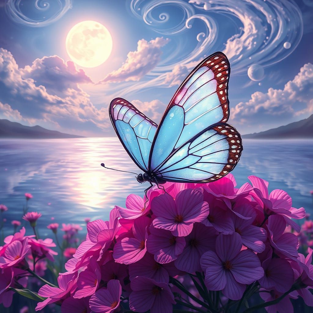 a Translucent shiny butterfly on big pink and purple flowers in front of a glass lake, moon, clouds and swirling sky in ...