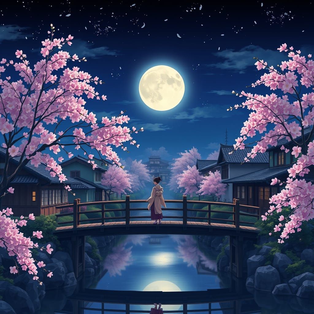 Moonlit Japanese Village in Anime Style