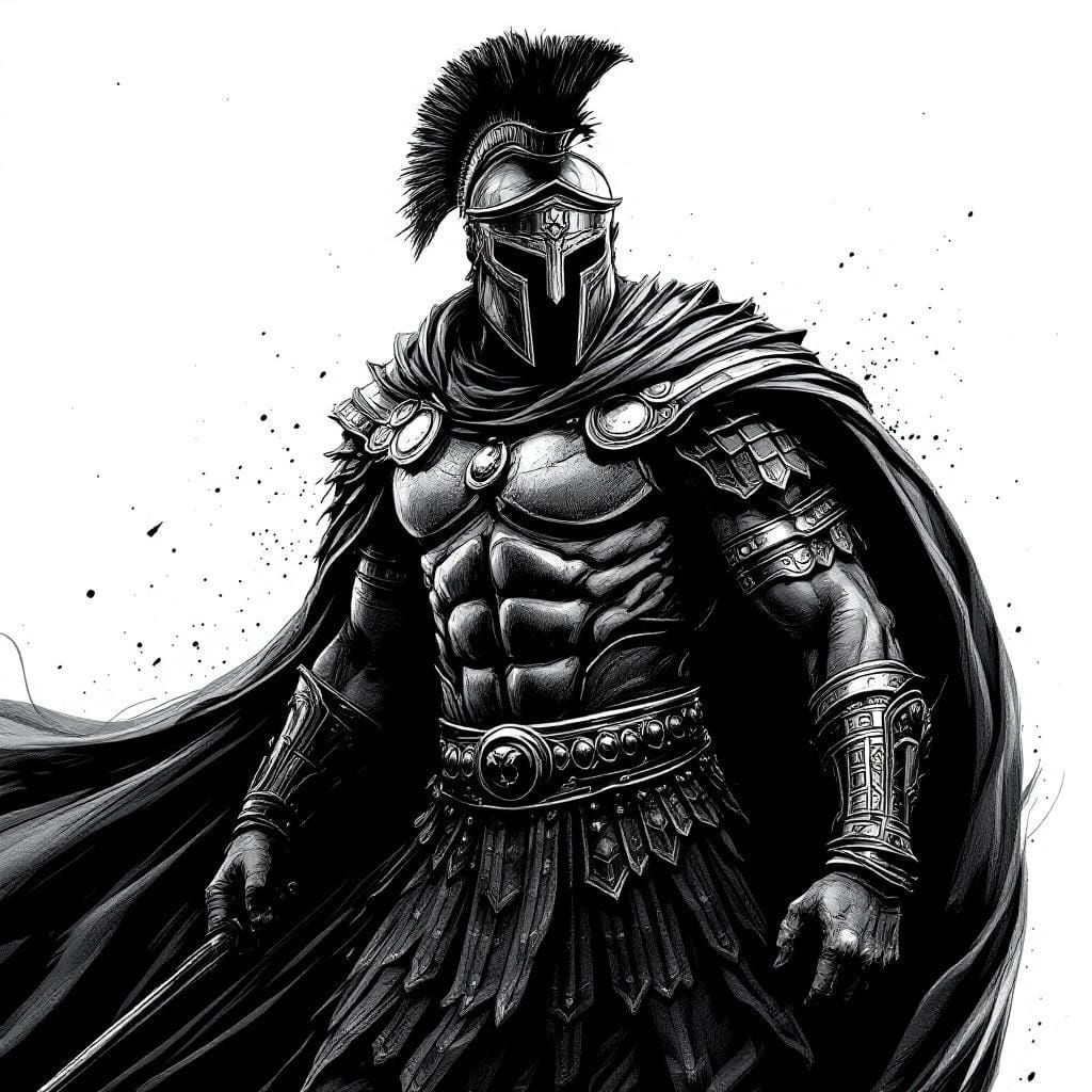 Detailed Greek Spartan Warrior in Black and White Ink