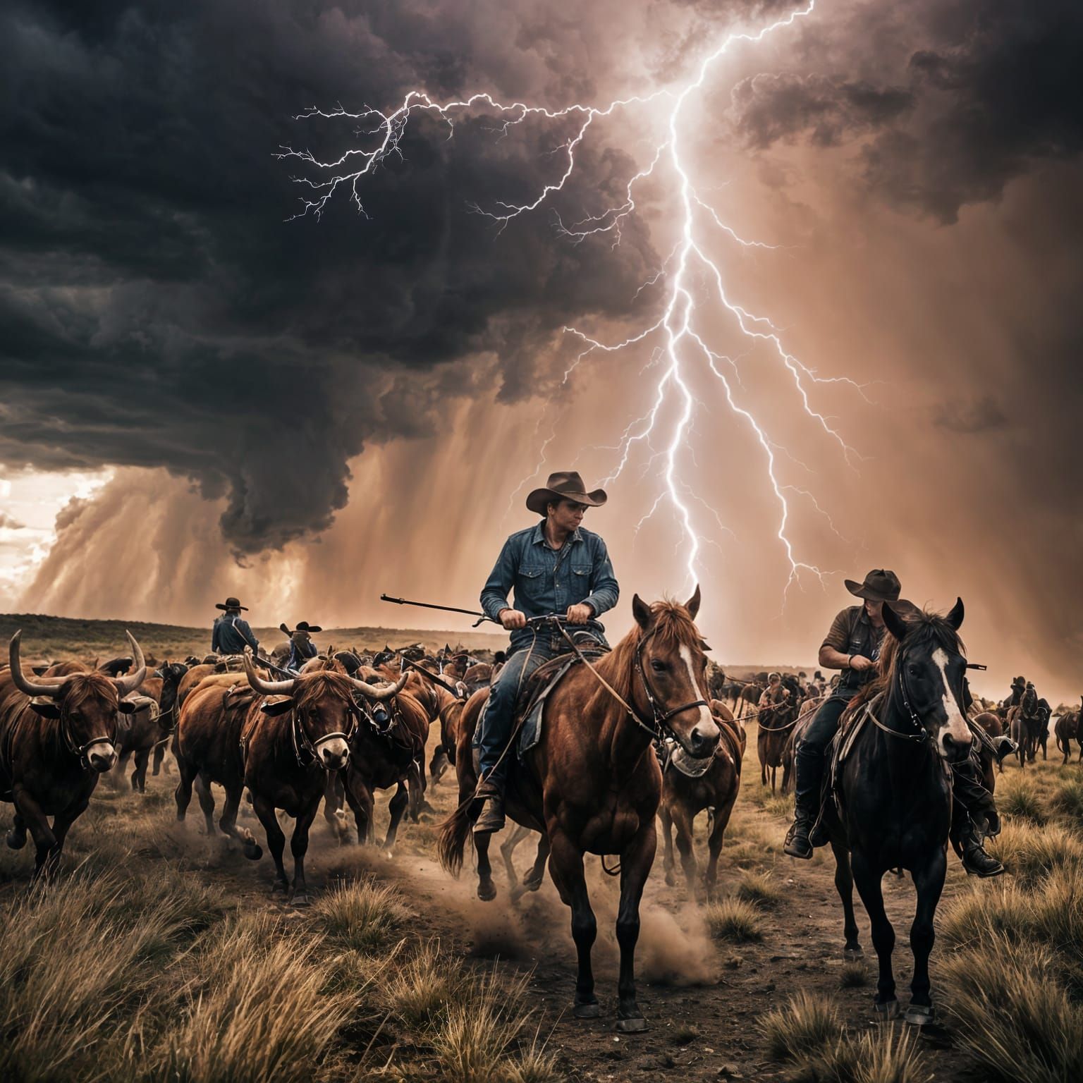 Cinematic Cowboy Stampede in Violent Thunderstorm