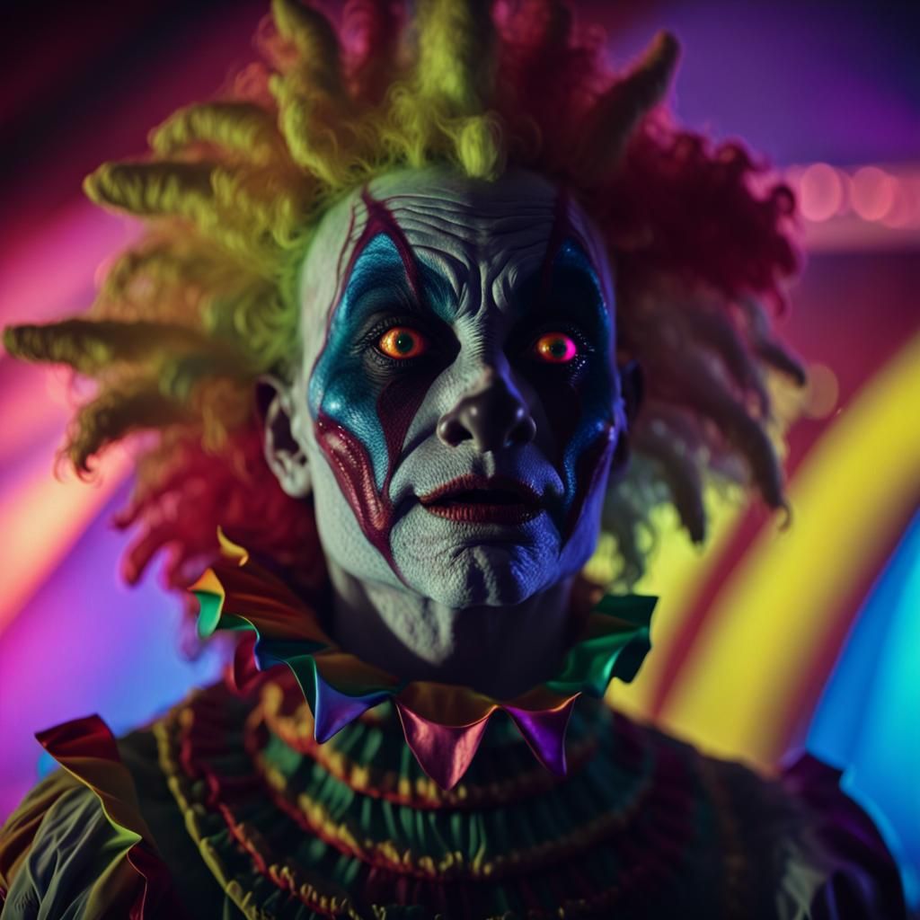 Hyperrealistic Alien Clown in Neon Circus Tent