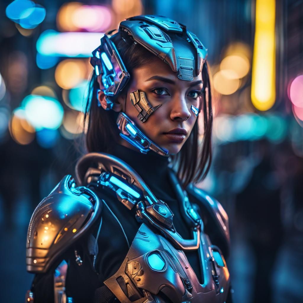 Cyborg Girl Portrait in Neon Cityscape