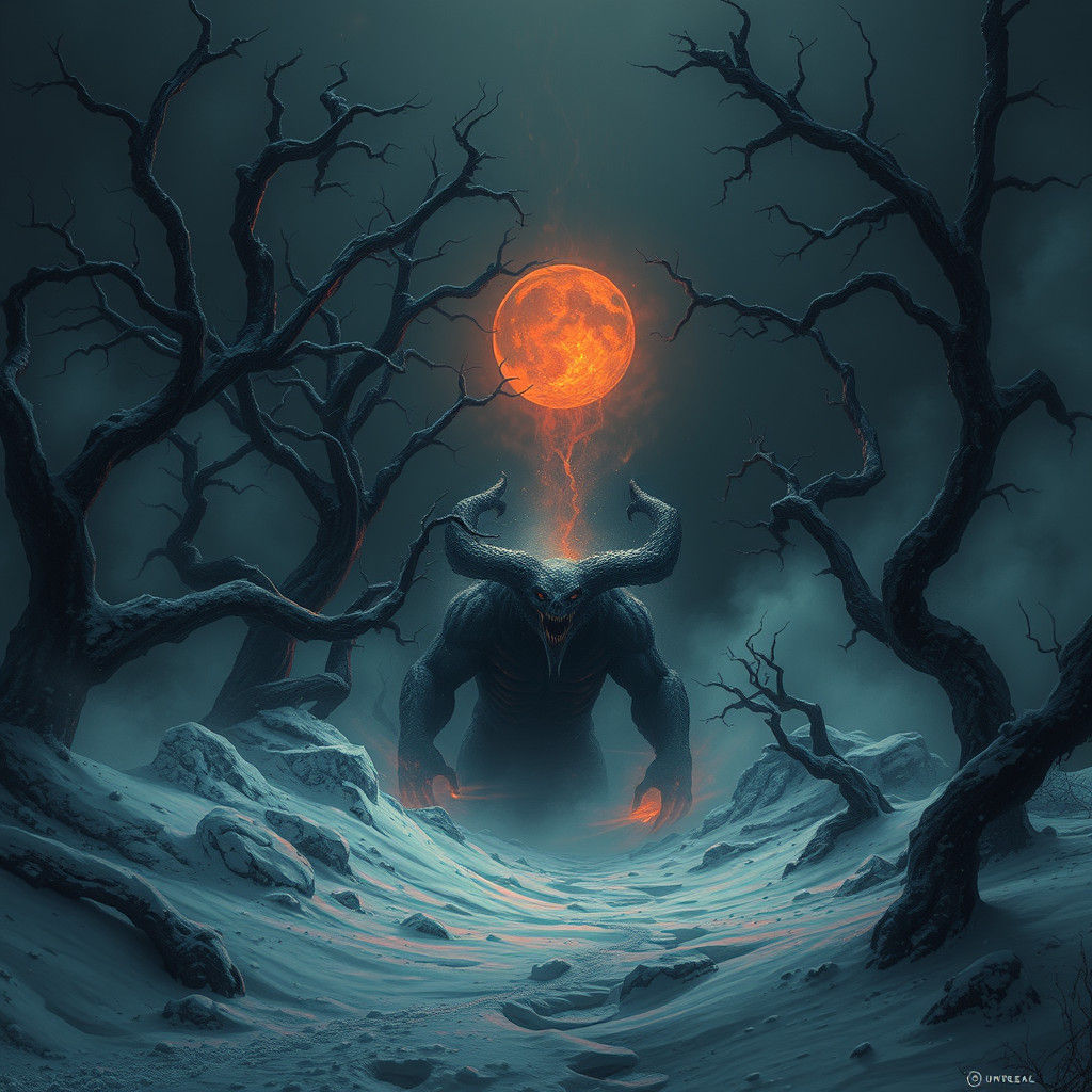 Demonic Horror in Dark Fantasy Snowscape