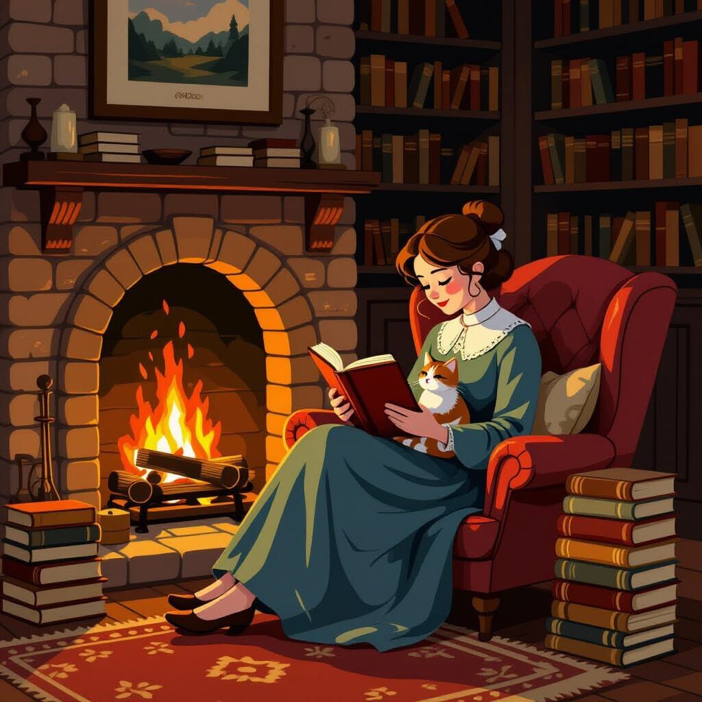 Woman Reading by Fireplace with Kitten, Flat Textured Style