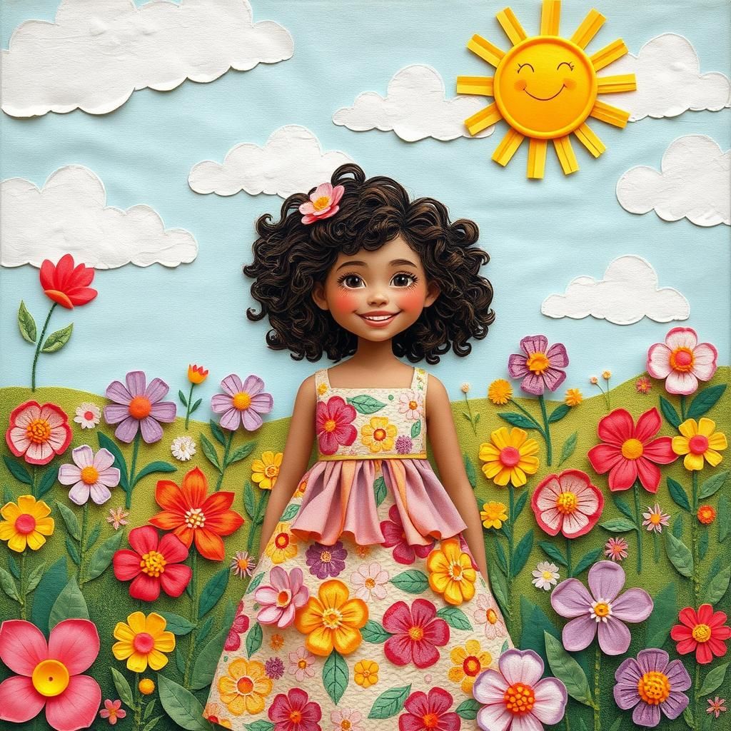 Whimsical Flower Garden Girl in Folk Art Style