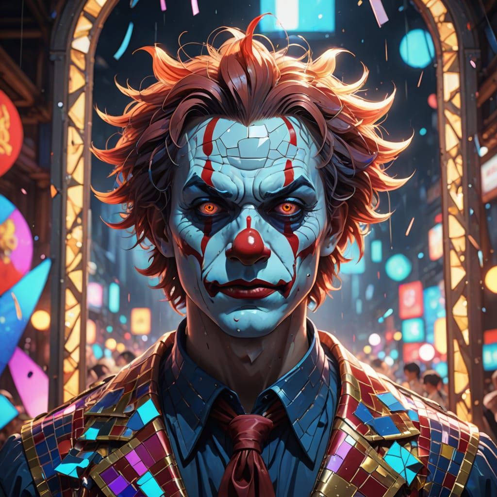 Melancholic Clown's Mirror Reflection in Art Nouveau Style