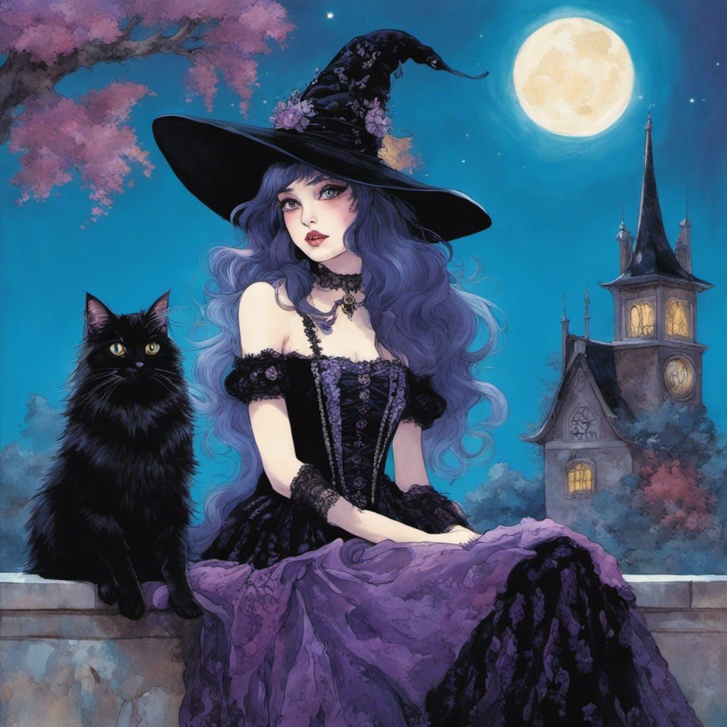 Goth Punk Witch and Maine Coon in Moonlight