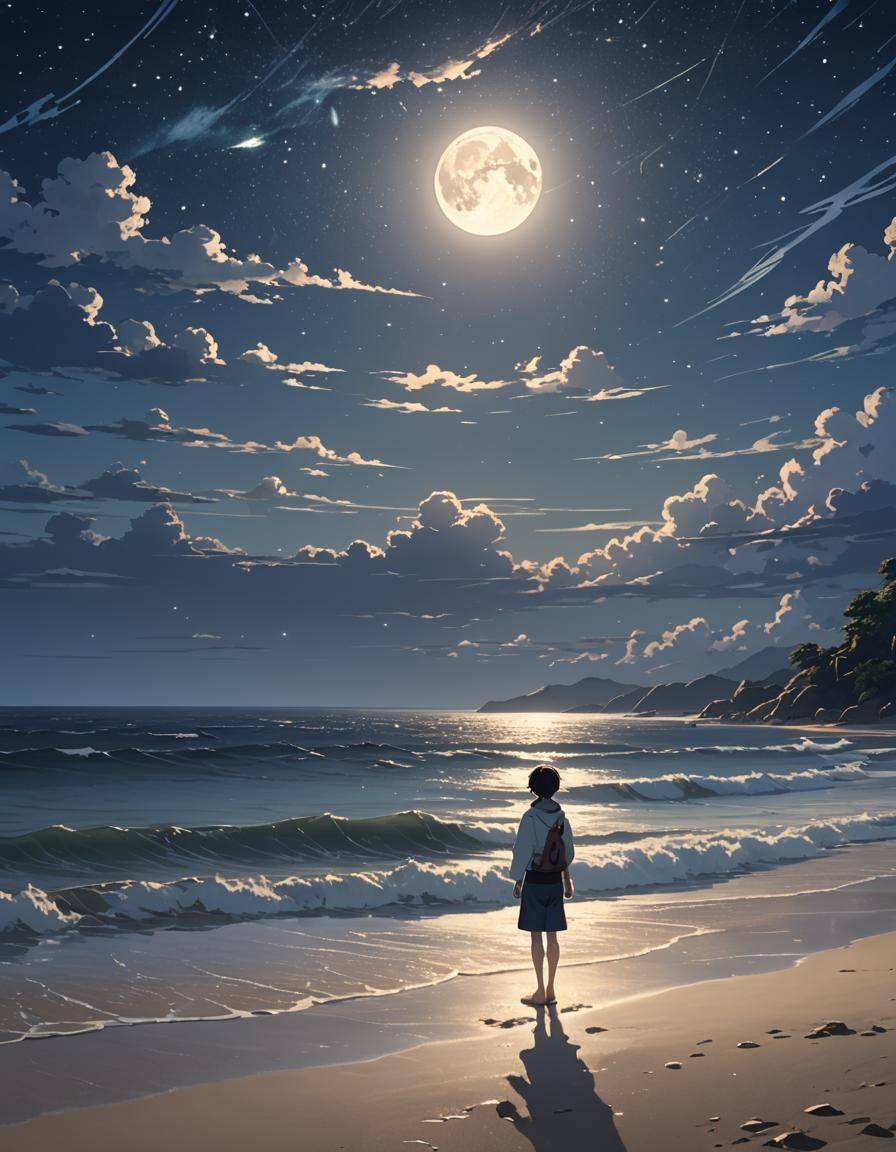 Moonlit Beach Scene in Studio Ghibli Anime Style